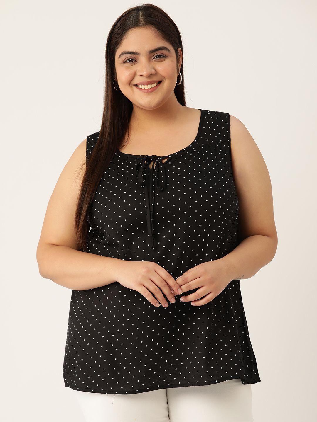 therebelinme black & white print tie-up neck plus size  top