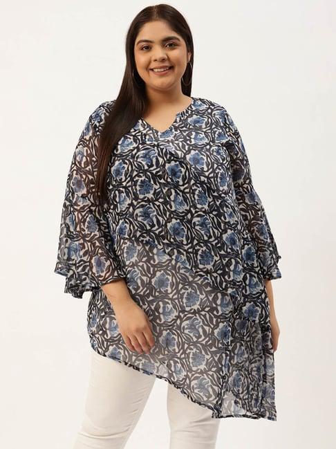 therebelinme blue & off white floral print top