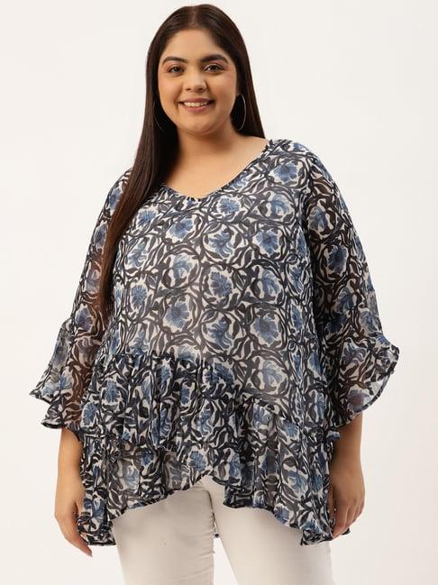 therebelinme blue & off white floral print top