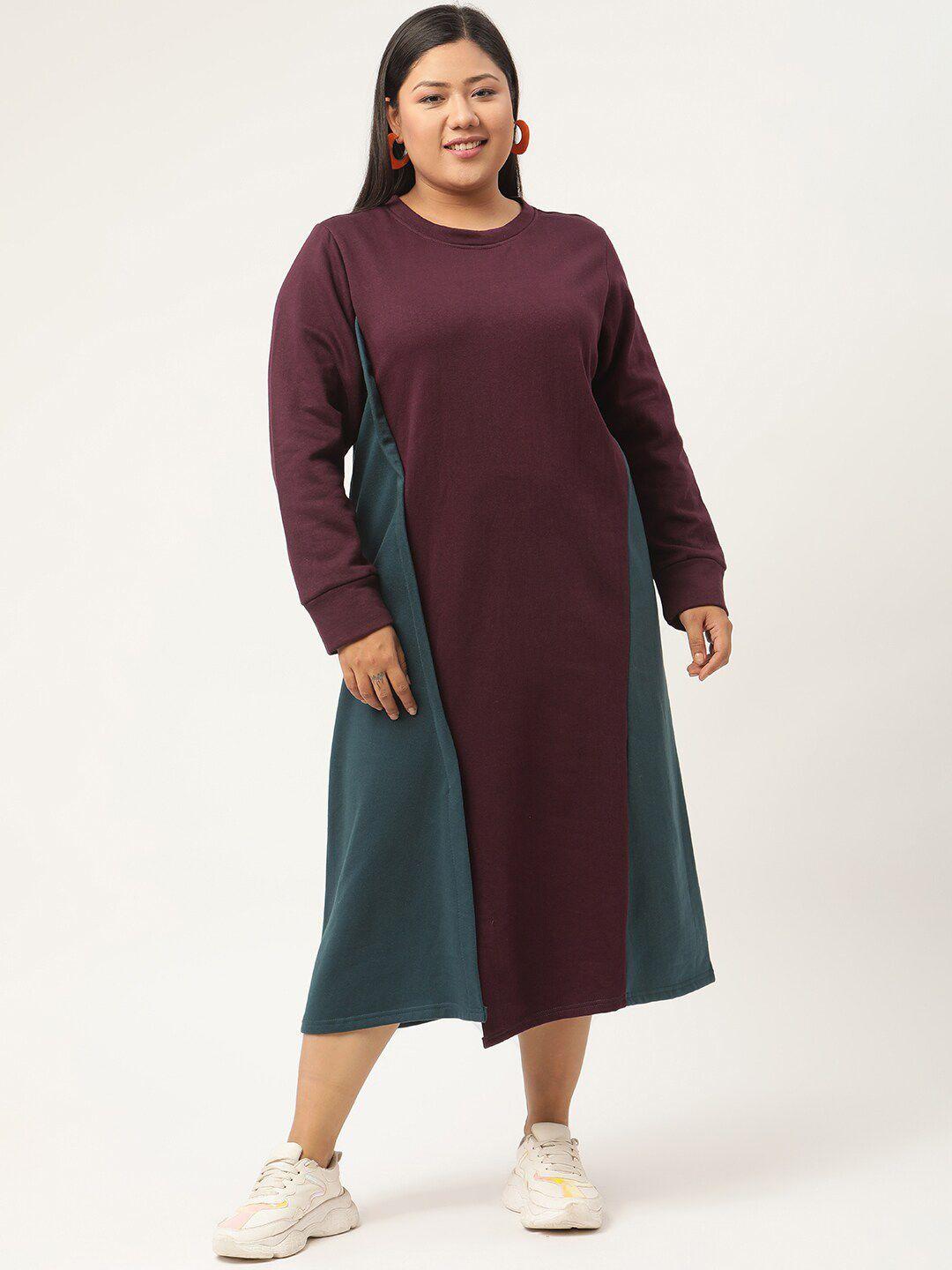 therebelinme burgundy & teal plus size colourblocked a-line midi dress