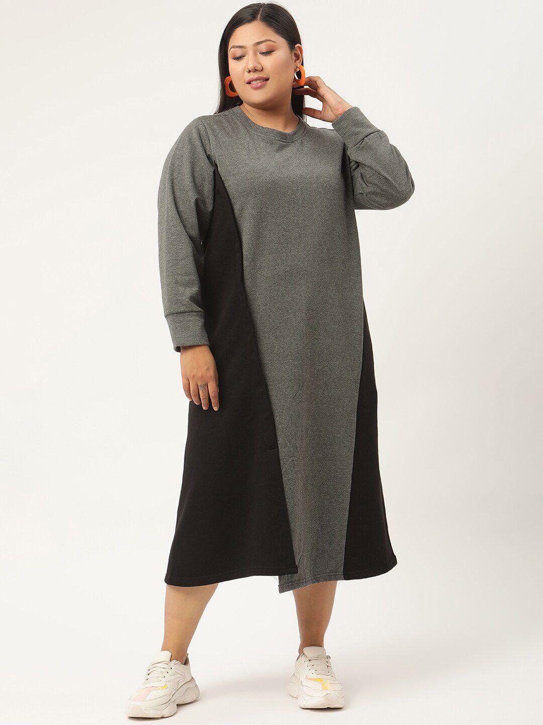 therebelinme charcoal & black plus size colourblocked a-line midi dress