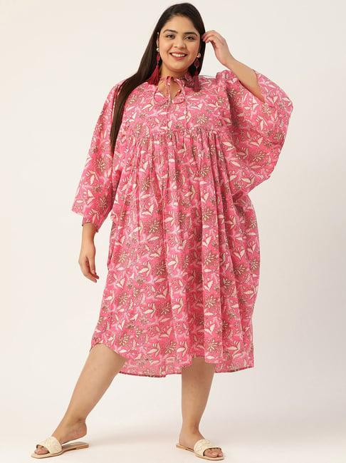 therebelinme fuchsia cotton floral print midi dress