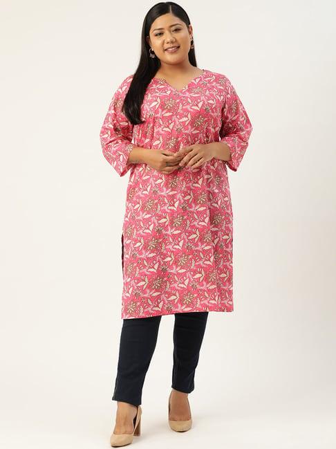 therebelinme fuchsia cotton floral print straight kurta