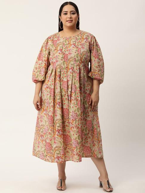 therebelinme green cotton floral print midi dress