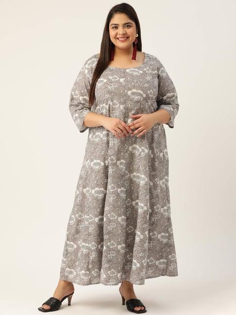 therebelinme grey cotton floral print maxi dress