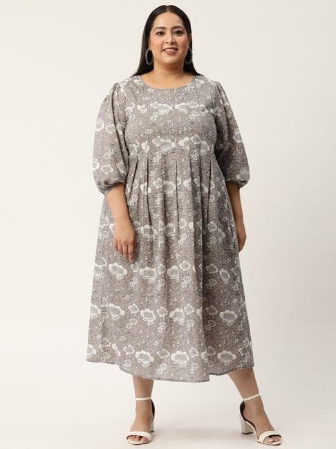 therebelinme grey cotton floral print midi dress