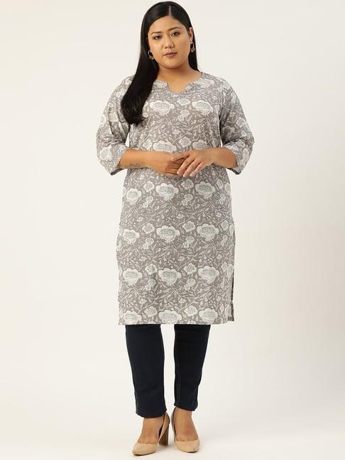 therebelinme grey cotton floral print straight kurta