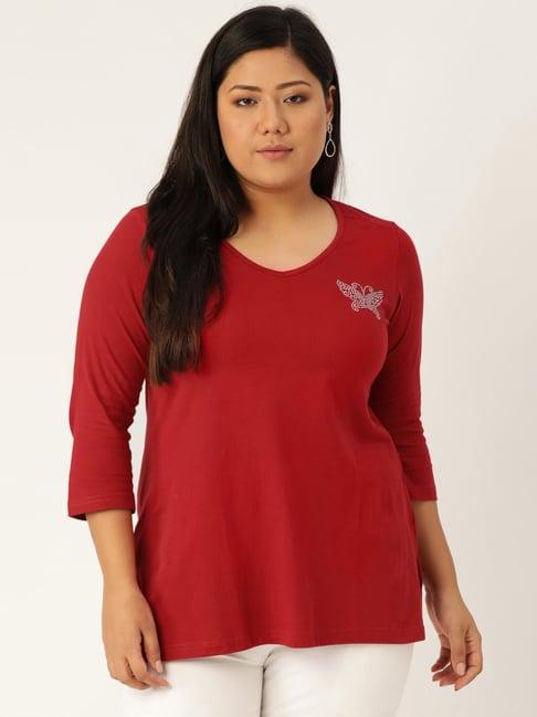 therebelinme maroon cotton embellished t-shirt