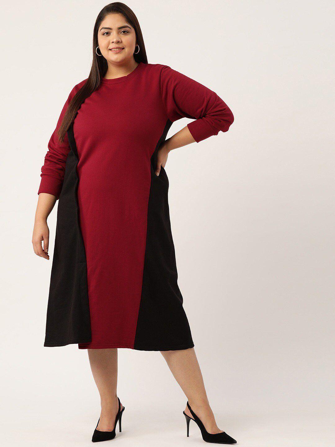 therebelinme maroon plus size colourblocked a-line midi dress