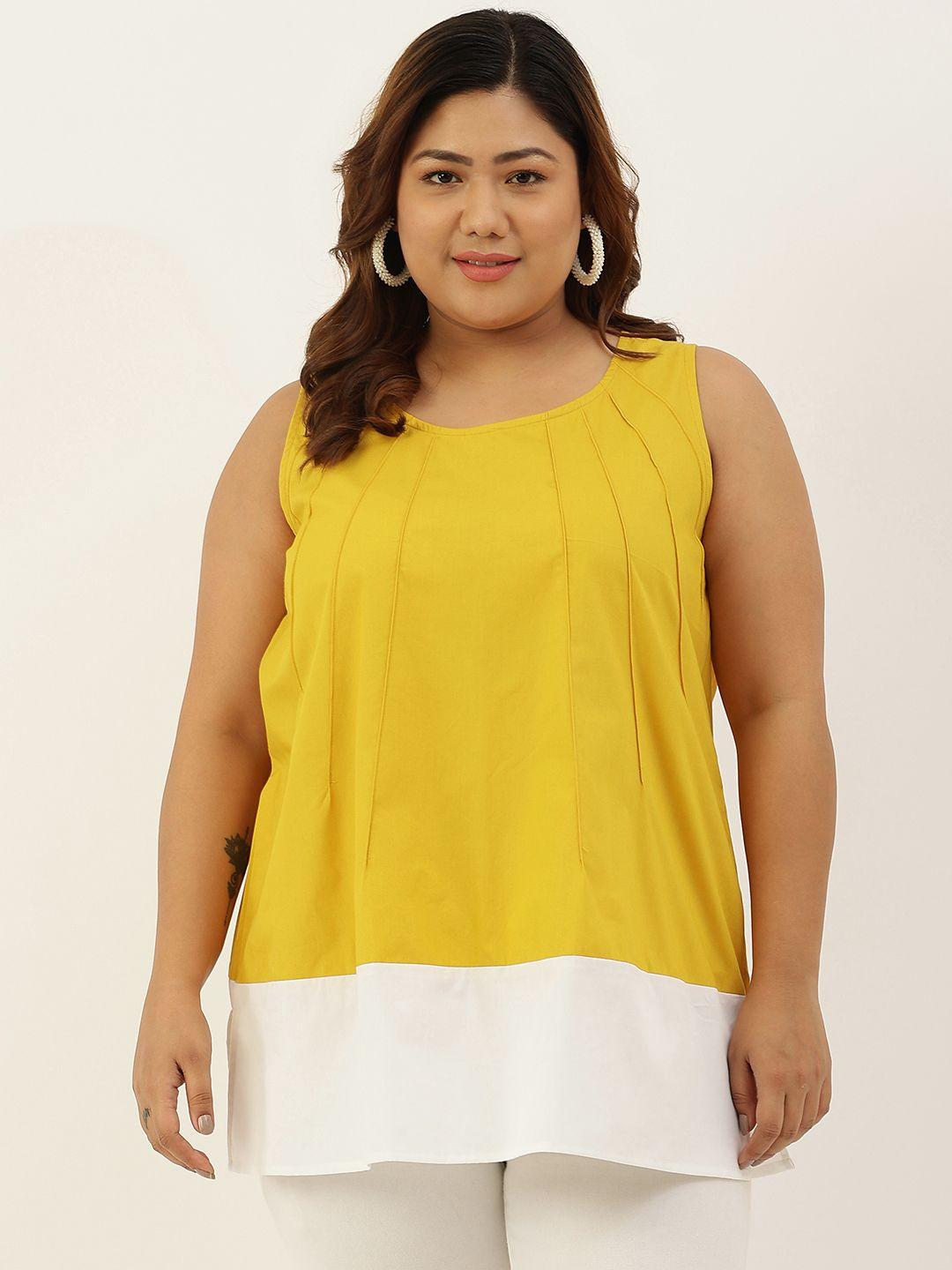 therebelinme mustard yellow & white colourblocked cotton plus size longline top