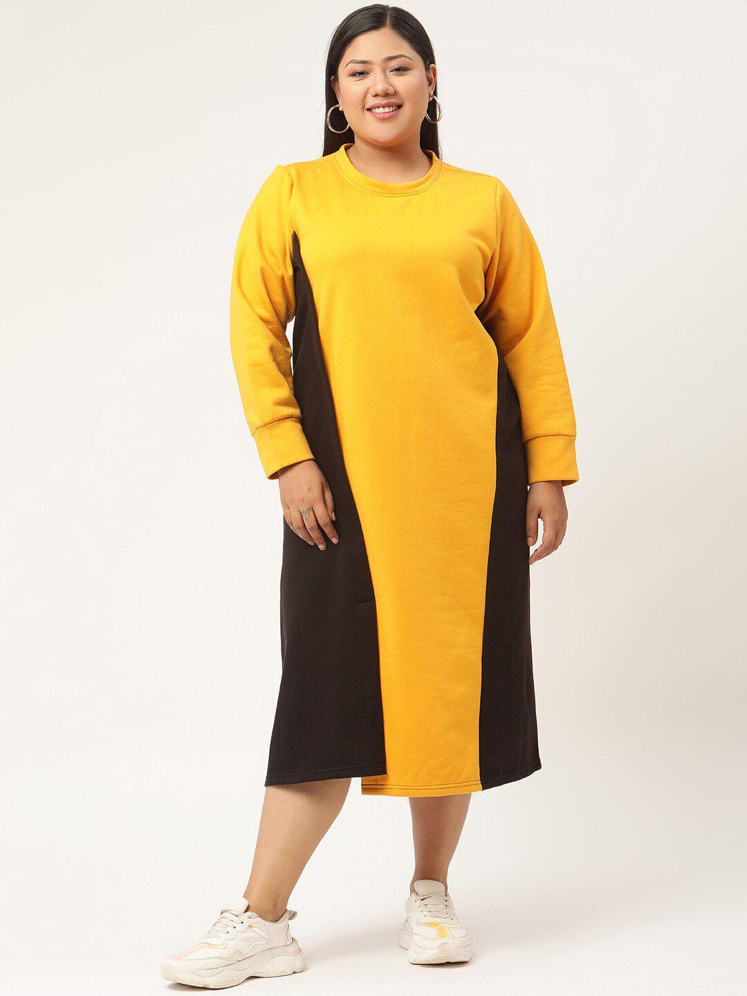 therebelinme mustard yellow plus size colourblocked a-line midi dress