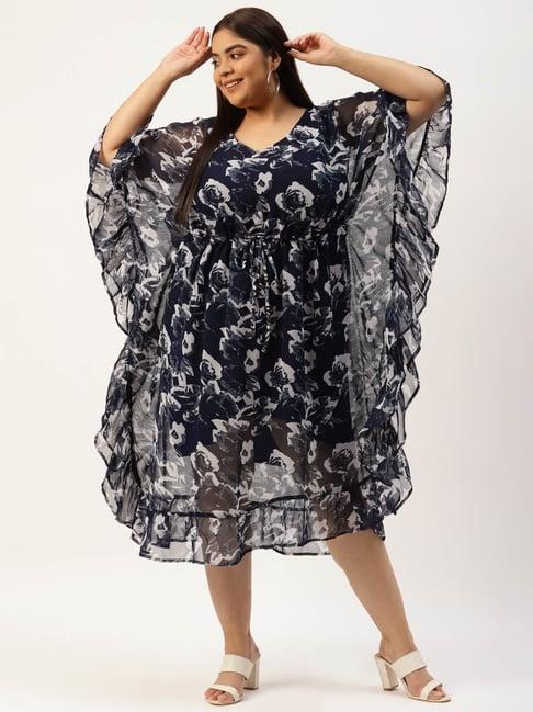 therebelinme navy & off white floral print midi dress