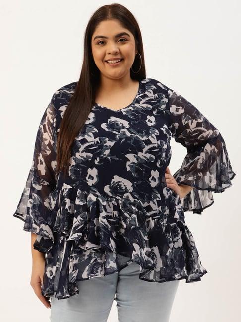 therebelinme navy & off white floral print top