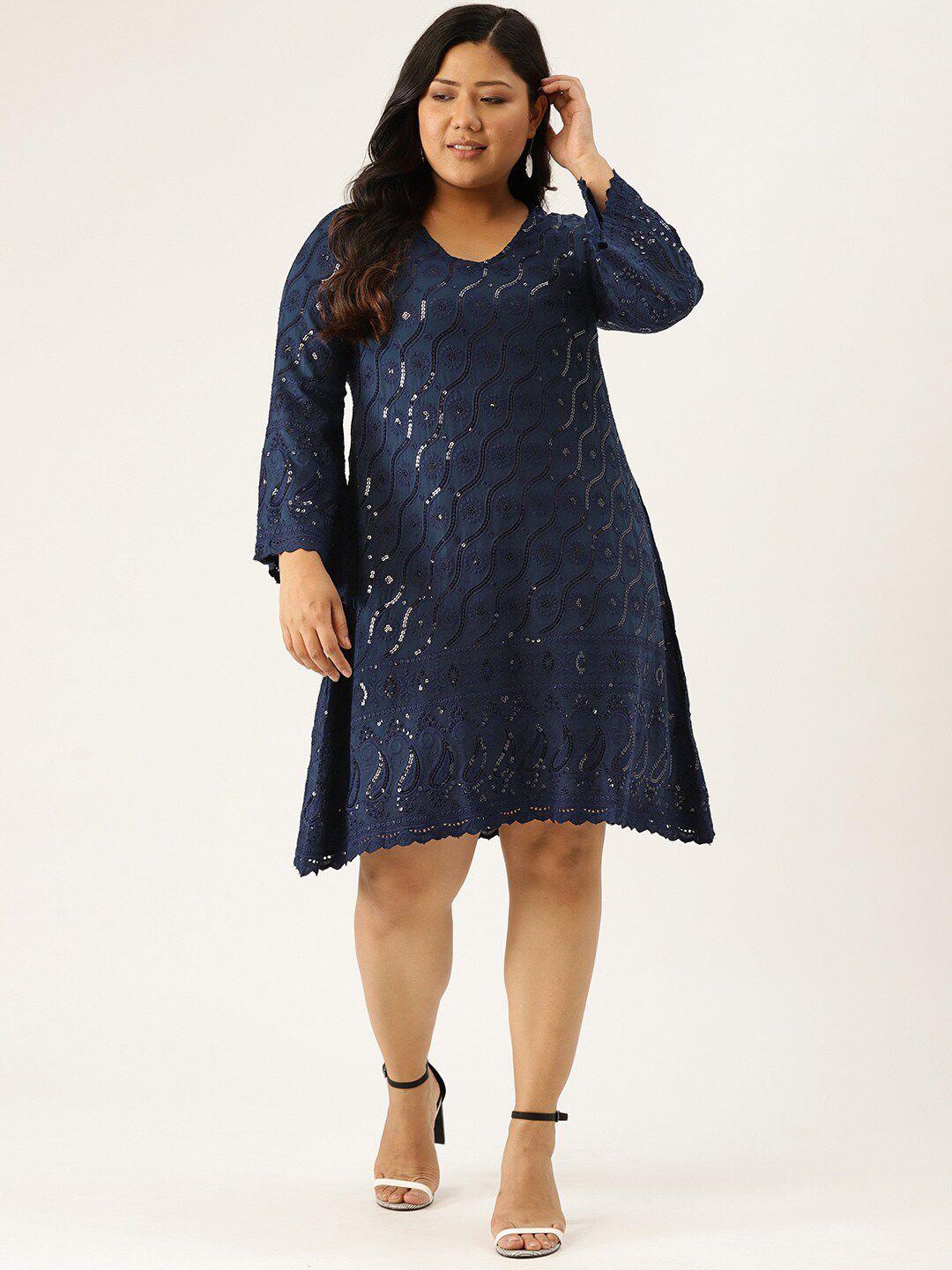 therebelinme navy blue solid embellished a-line dress