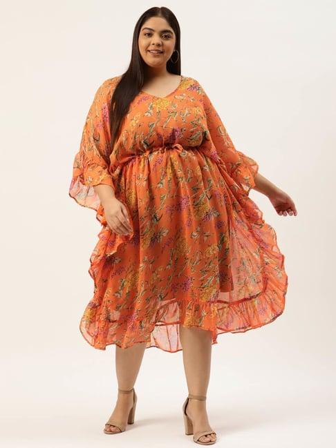 therebelinme orange & green floral print midi dress