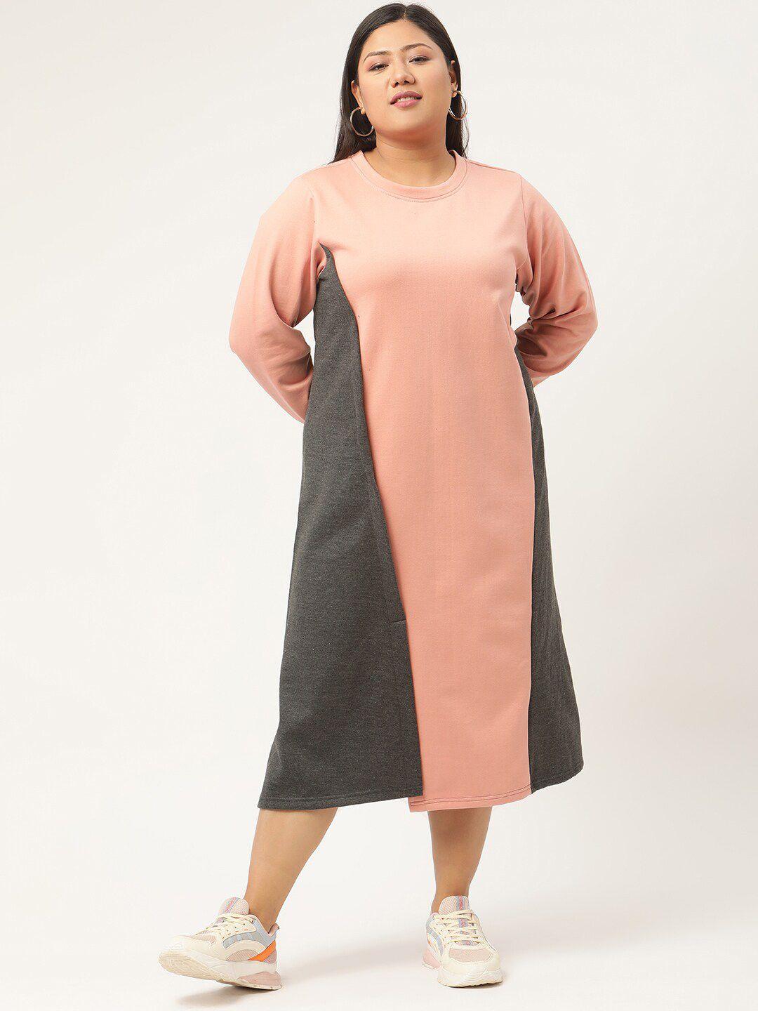 therebelinme pink plus size colourblocked a-line midi dress