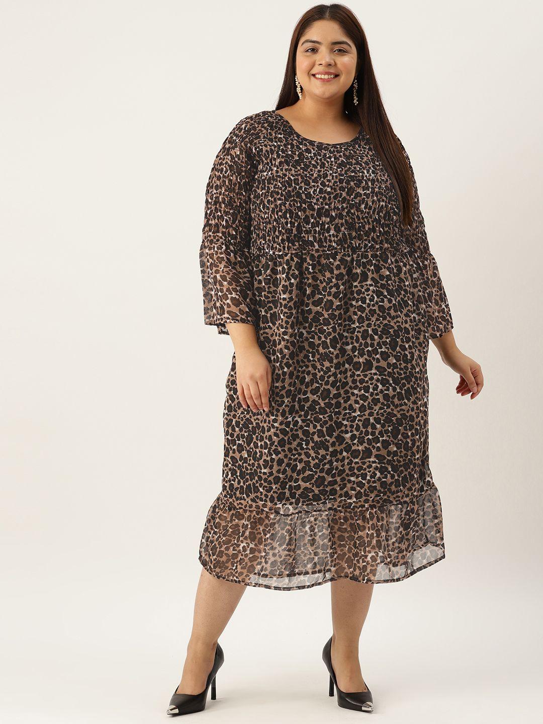 therebelinme plus size animal print bell sleeves georgette a-line midi dress