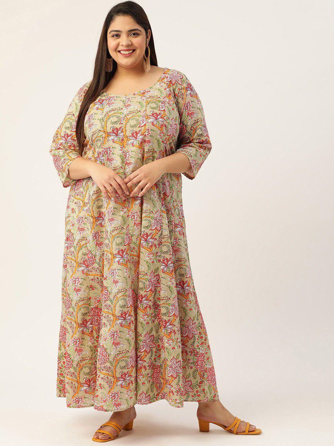 therebelinme plus size beige & green cotton floral maxi dress