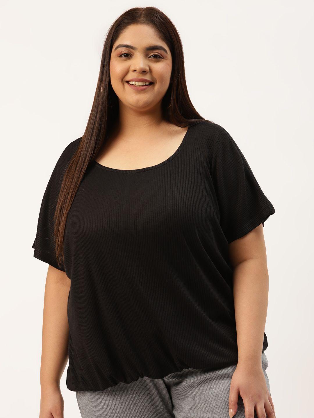 therebelinme plus size black self striped blouson top with  waist tie-ups