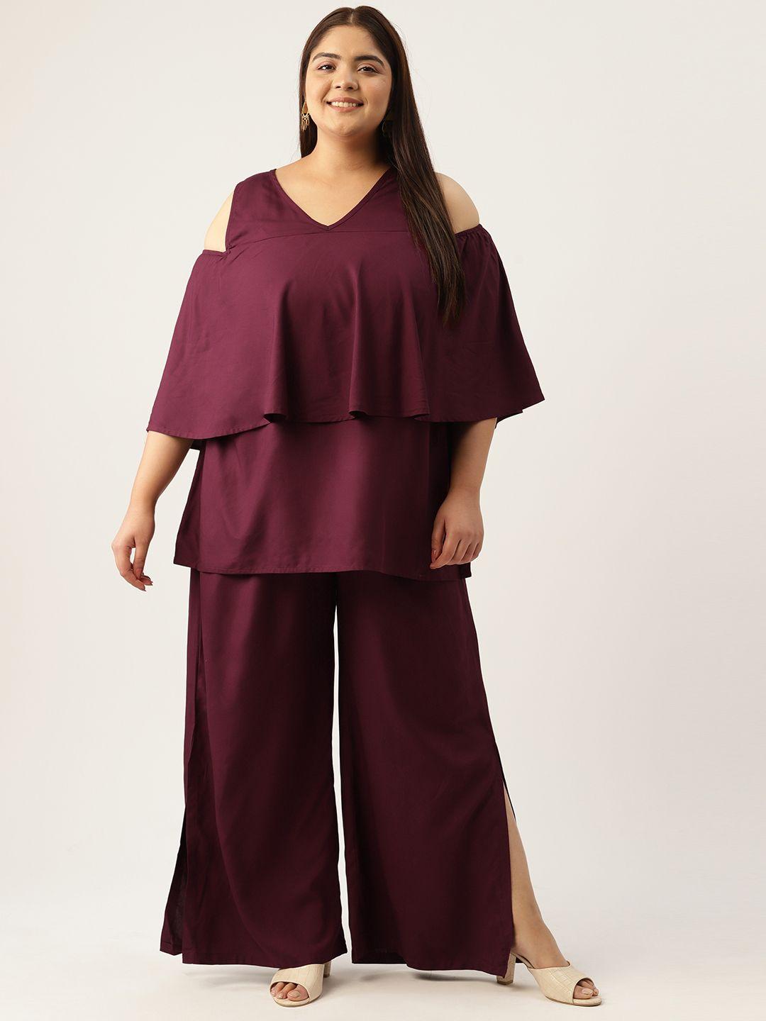 therebelinme plus size cold-shoulder sleeves longline top with palazzos