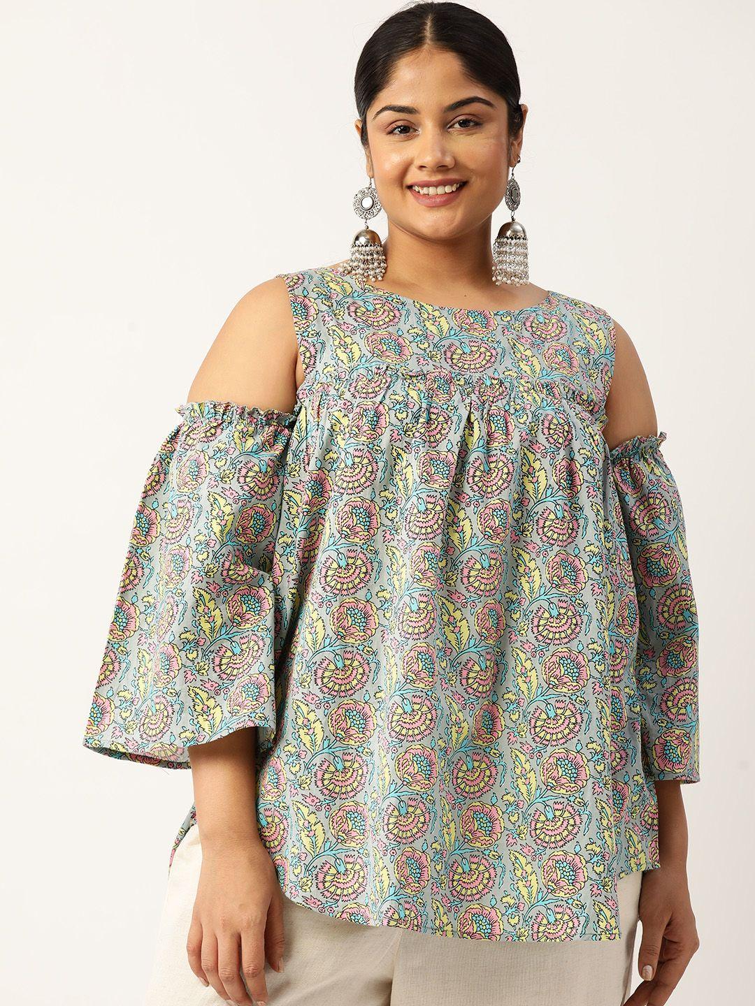 therebelinme plus size floral print cold-shoulder pure cotton longline top