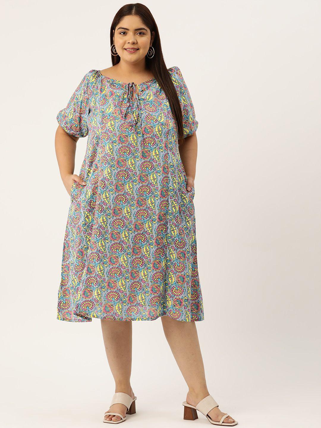 therebelinme plus size floral print puff sleeve a-line cotton midi dress