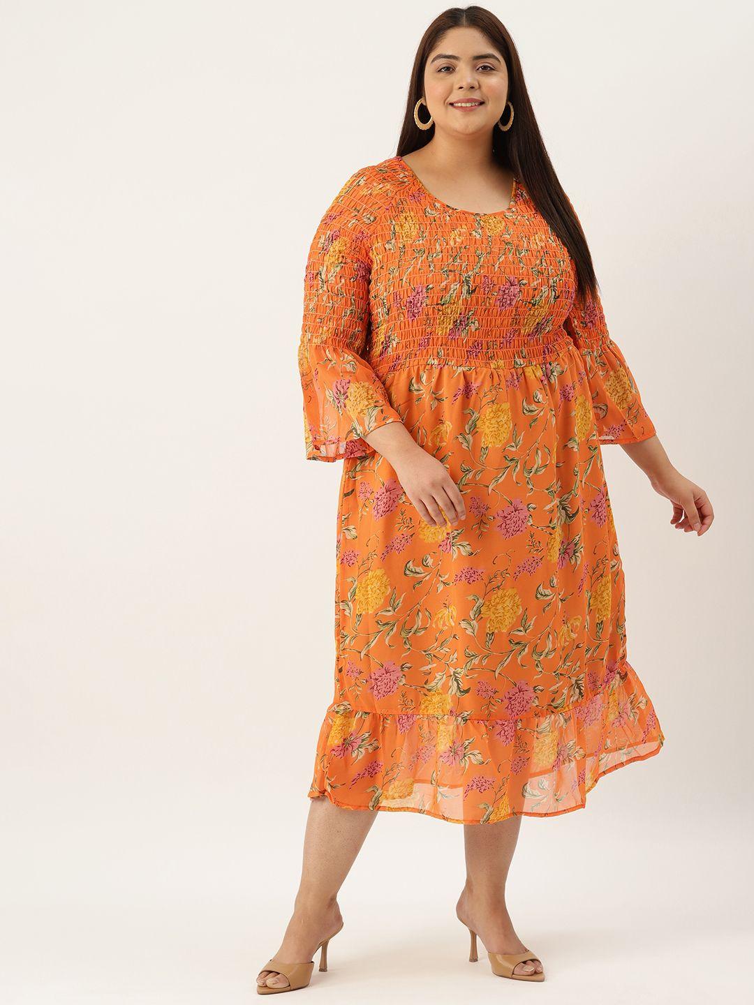 therebelinme plus size floral print smocked bell sleeves georgette a-line midi dress