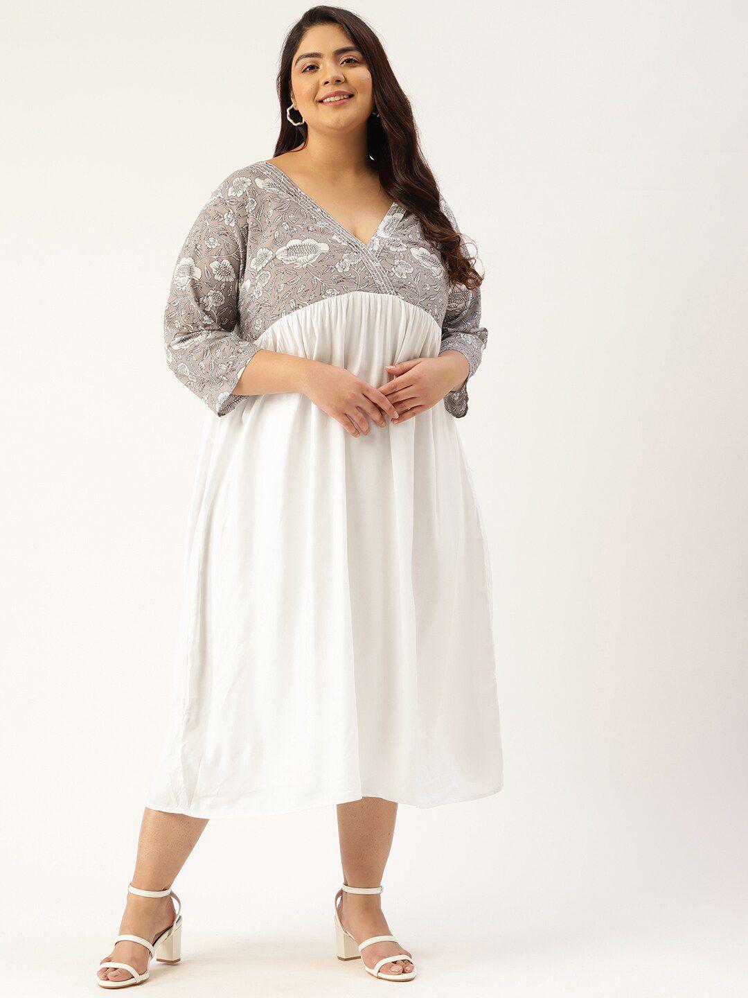 therebelinme plus-size grey & off white floral pure cotton midi dress