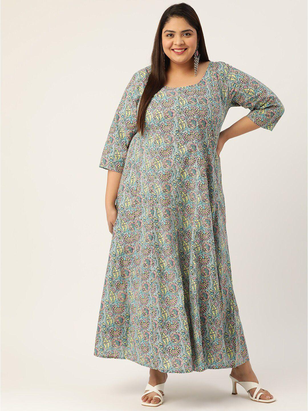 therebelinme plus size grey & pink floral cotton a-line maxi dress