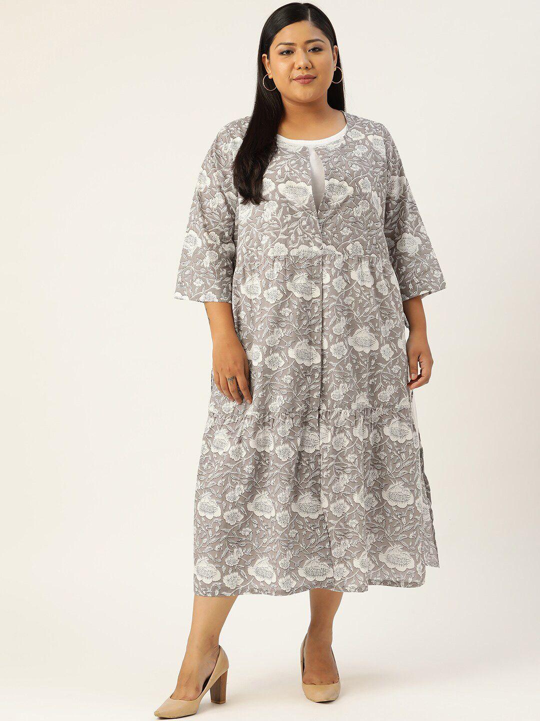 therebelinme plus size grey floral layered a-line midi dress