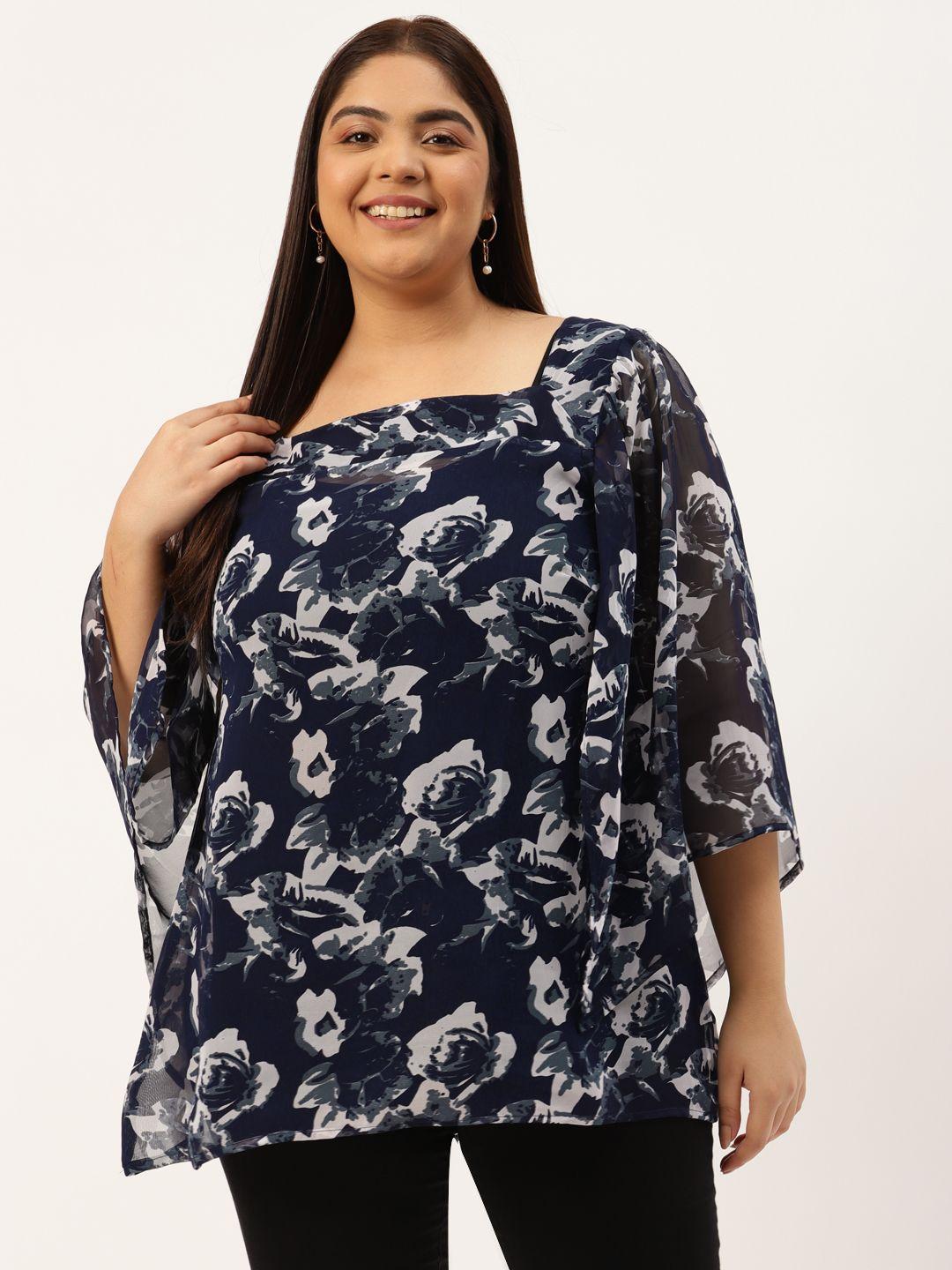 therebelinme plus size navy blue & grey floral print georgette longline top