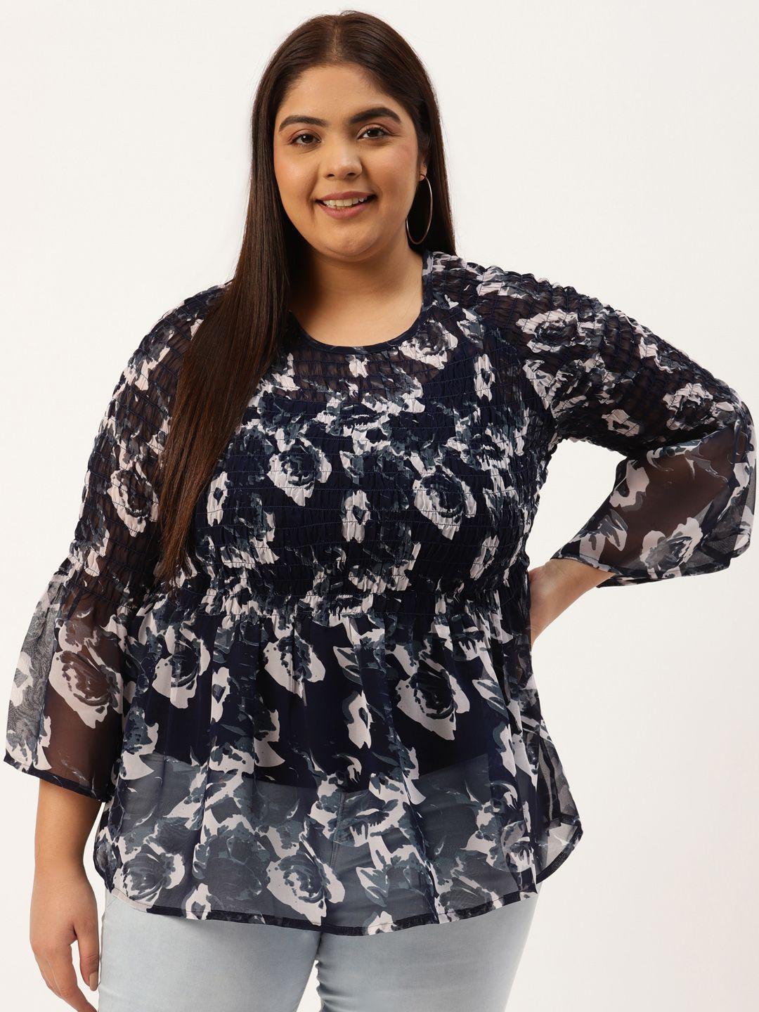 therebelinme plus size navy blue & grey floral print smocked georgette a-line top