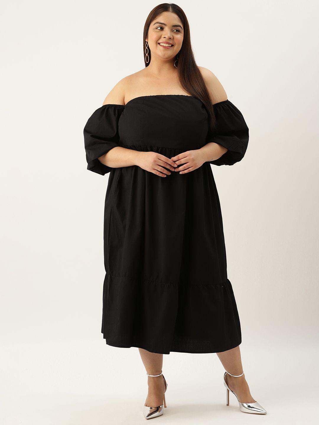 therebelinme plus size off-shoulder puff sleeve fit & flare midi dress