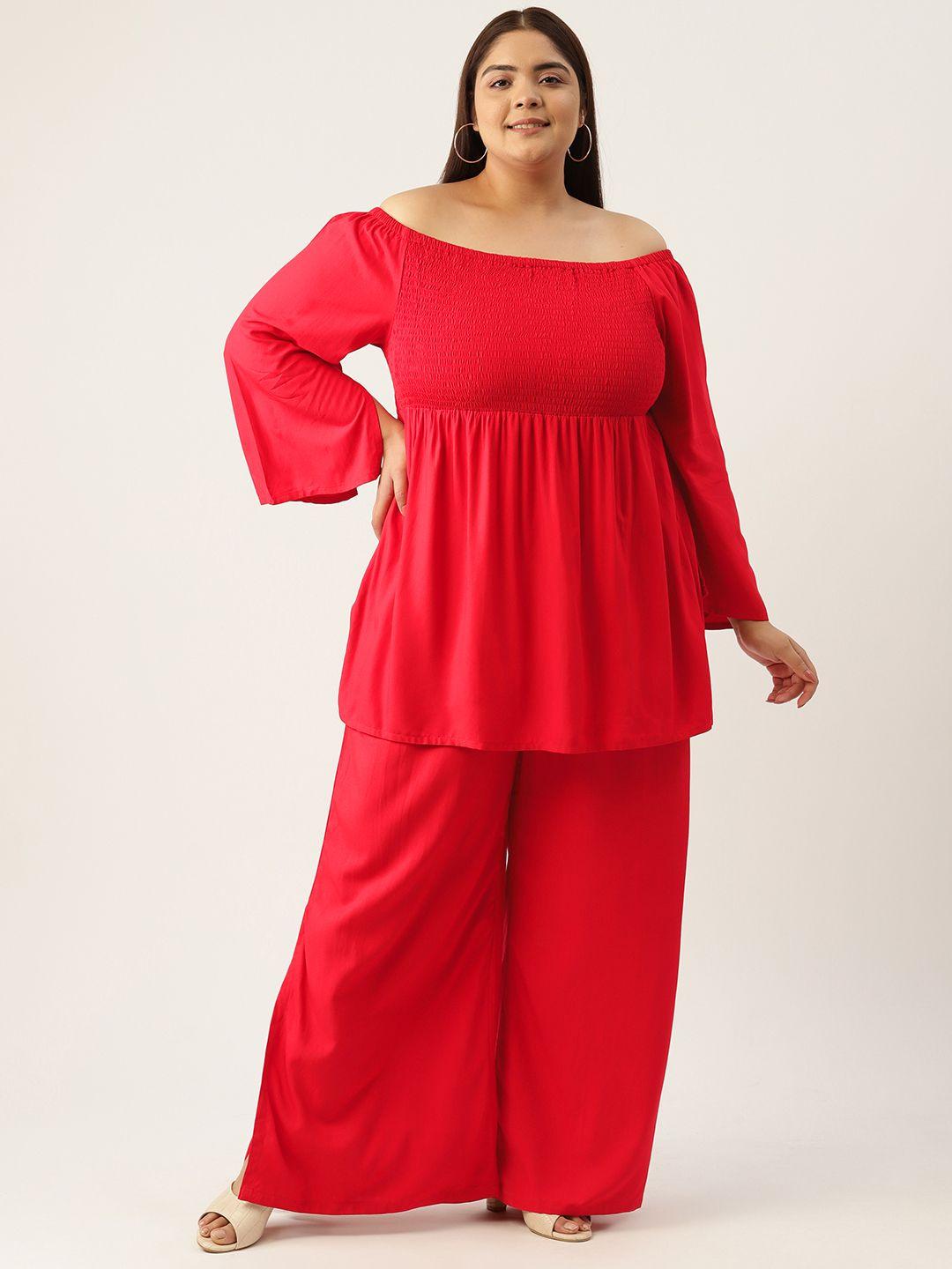 therebelinme plus size off-shoulder sleeves smocked top with palazzos