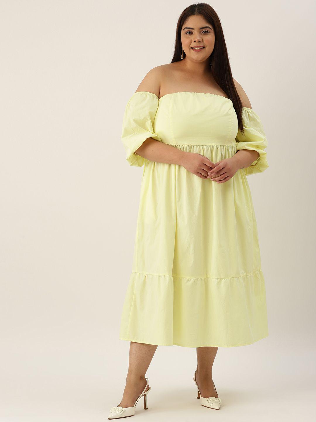 therebelinme plus size off-shoulder smocked puff sleeves pure cotton midi dress