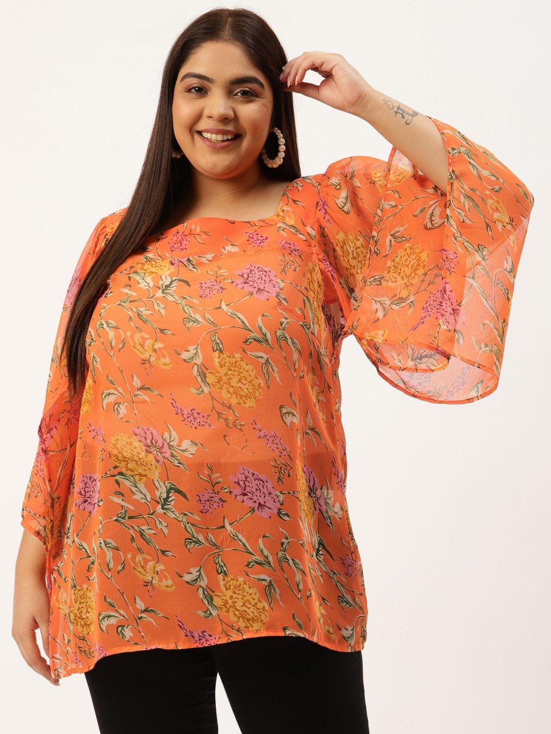 therebelinme plus size orange & green floral print georgette semi-sheer longline top