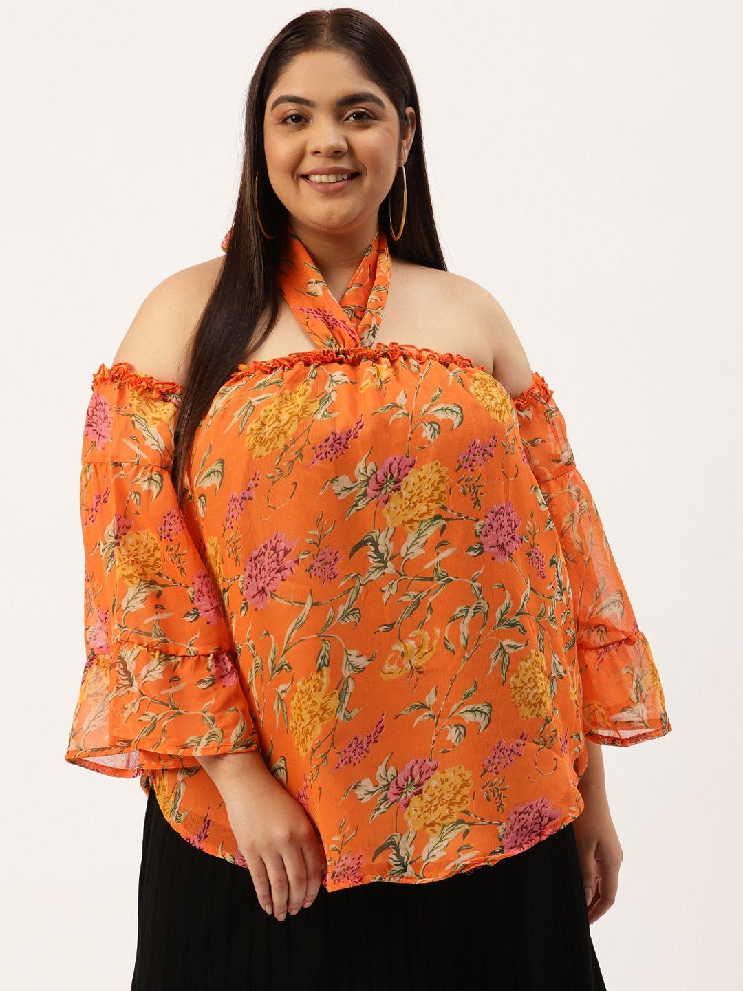 therebelinme plus size orange & green floral print ruffles georgette longline top