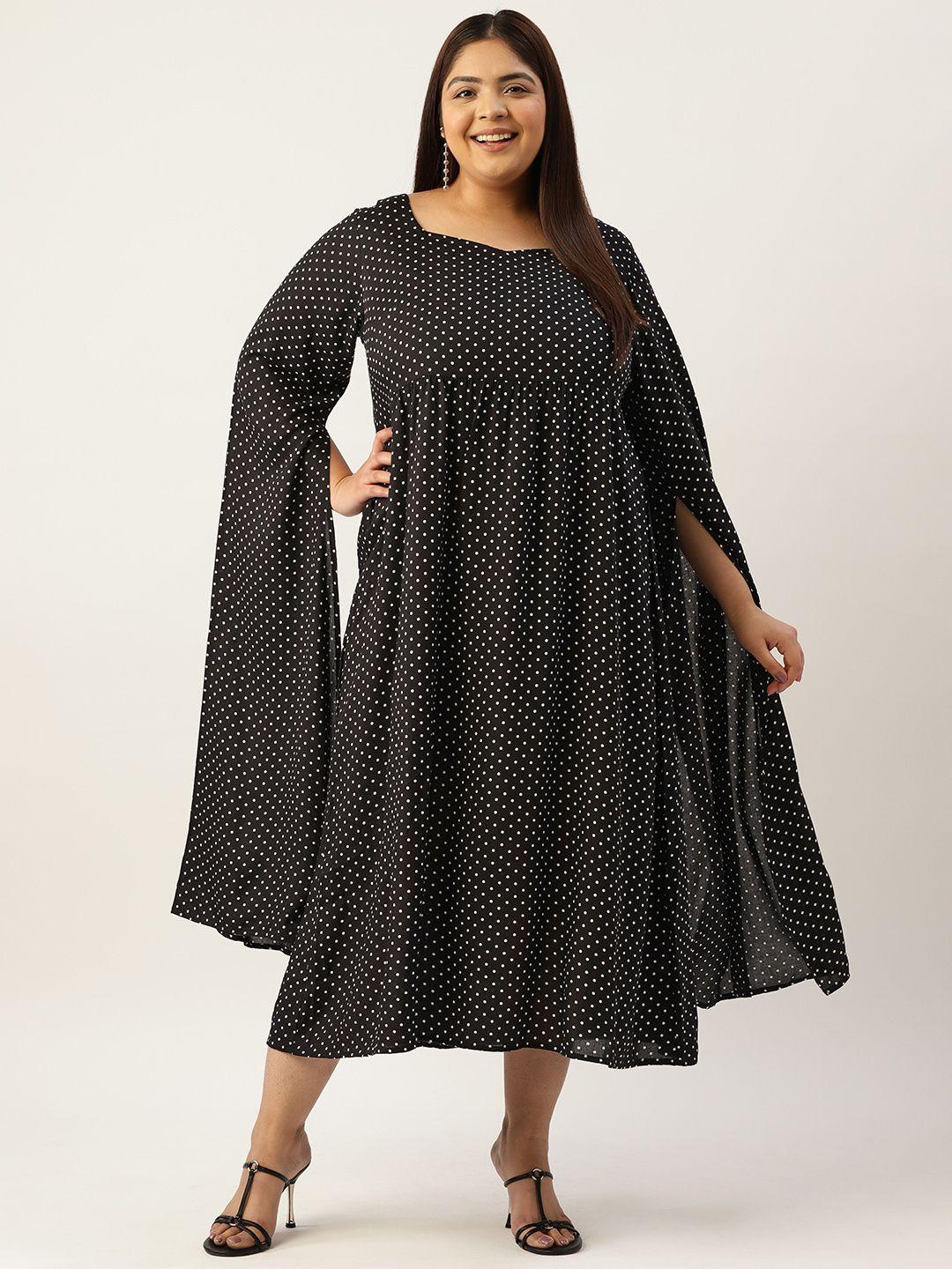 therebelinme plus size polka dots printed sweetheart neck slit sleeves a-line midi dress