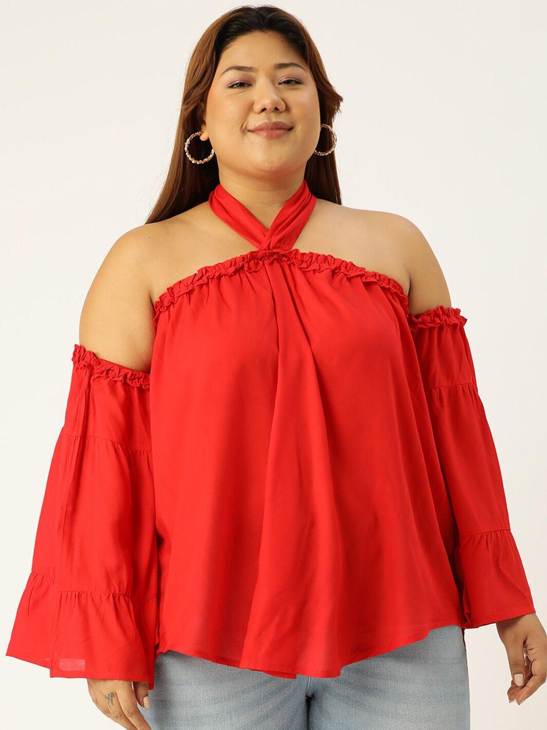 therebelinme plus size red solid halter neck bardot top