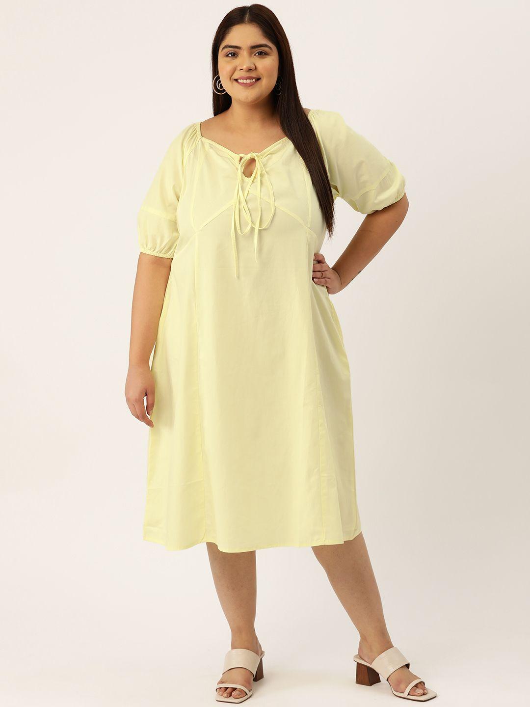 therebelinme plus size tie-up neck puff sleeve a-line cotton midi dress