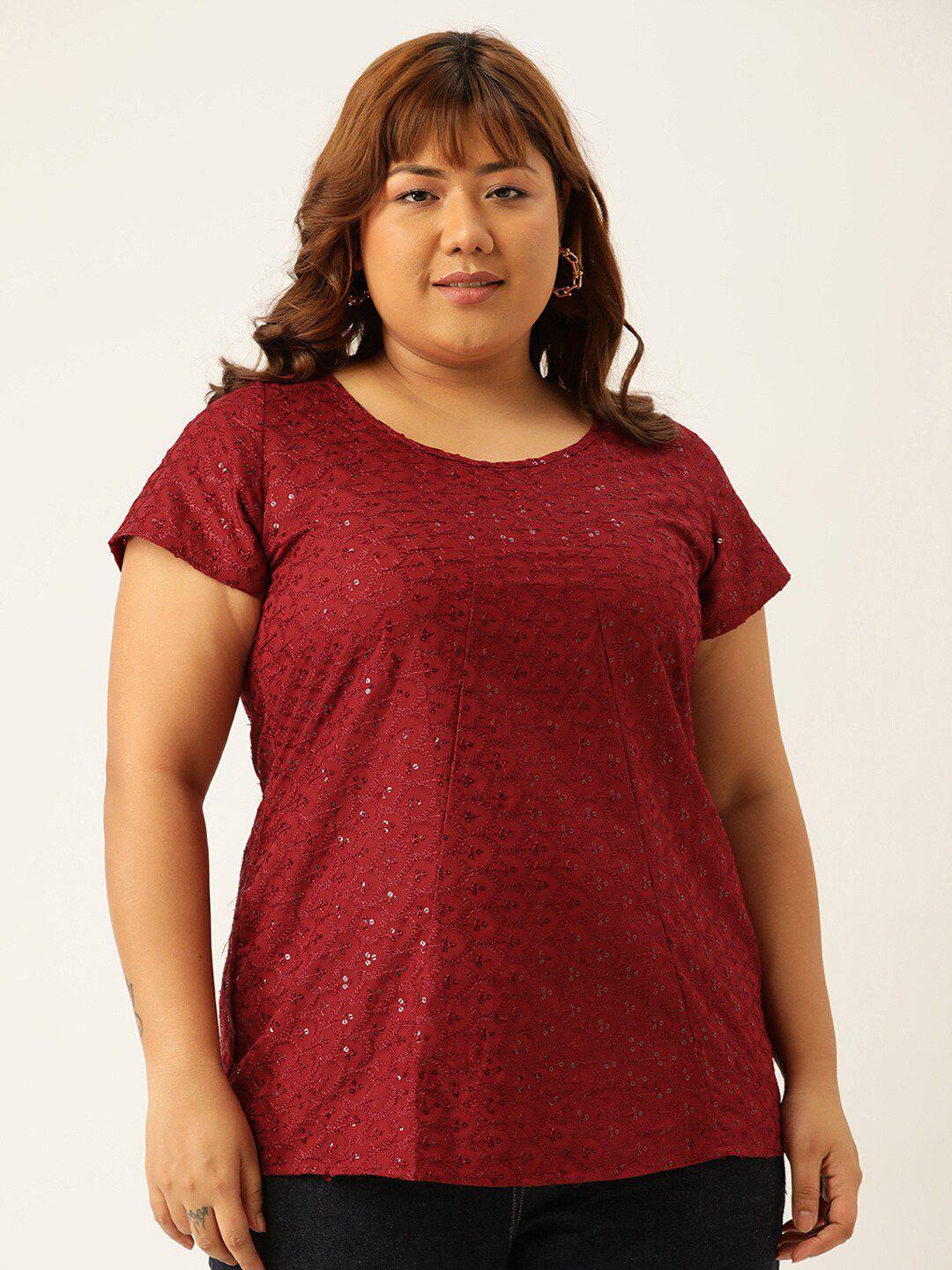 therebelinme plus size woman maroon floral embroidered top