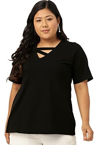 therebelinme plus size women's black solid color embellished detail knitted t-shirt(xxxxxl)