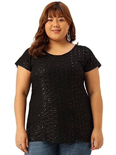 therebelinme plus size women's black solid color embroideblack top(xxxl)