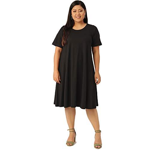 therebelinme plus size women's black solid color round neck cotton a-line dress(xl)