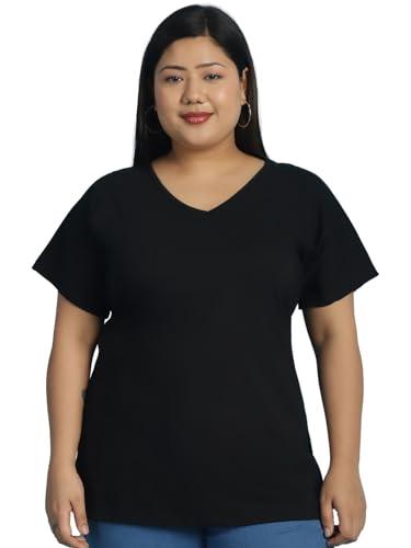 therebelinme plus size women's black solid color v-neck cotton knitted t-shirt-(xxxxxxl)