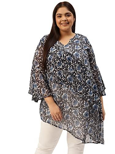 therebelinme plus size women's blue & off white floral print longline asymmetric georgette top(xxxl)