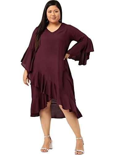 therebelinme plus size women's burgundy solid color wrap a-line dress(xxxxxl)