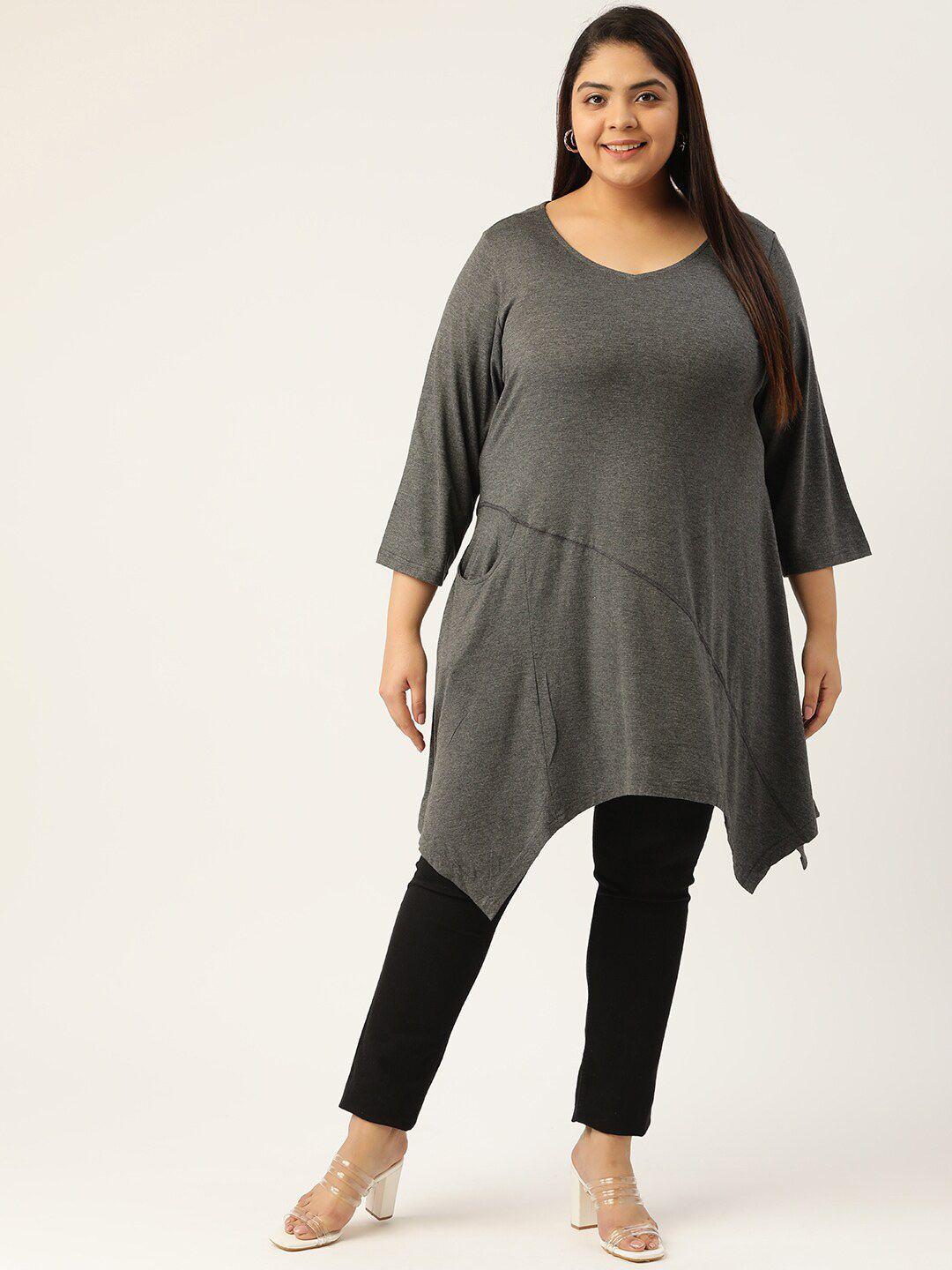 therebelinme plus size women's charcoal grey solid color asymmetrical longline knitted top