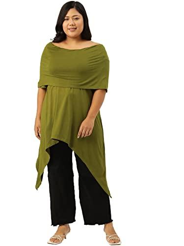 therebelinme plus size women's green solid color off-shoulder asymmetrical longline knitted top(xxl)