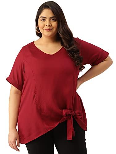 therebelinme plus size women's maroon solid color knot detail woven top(xxl)